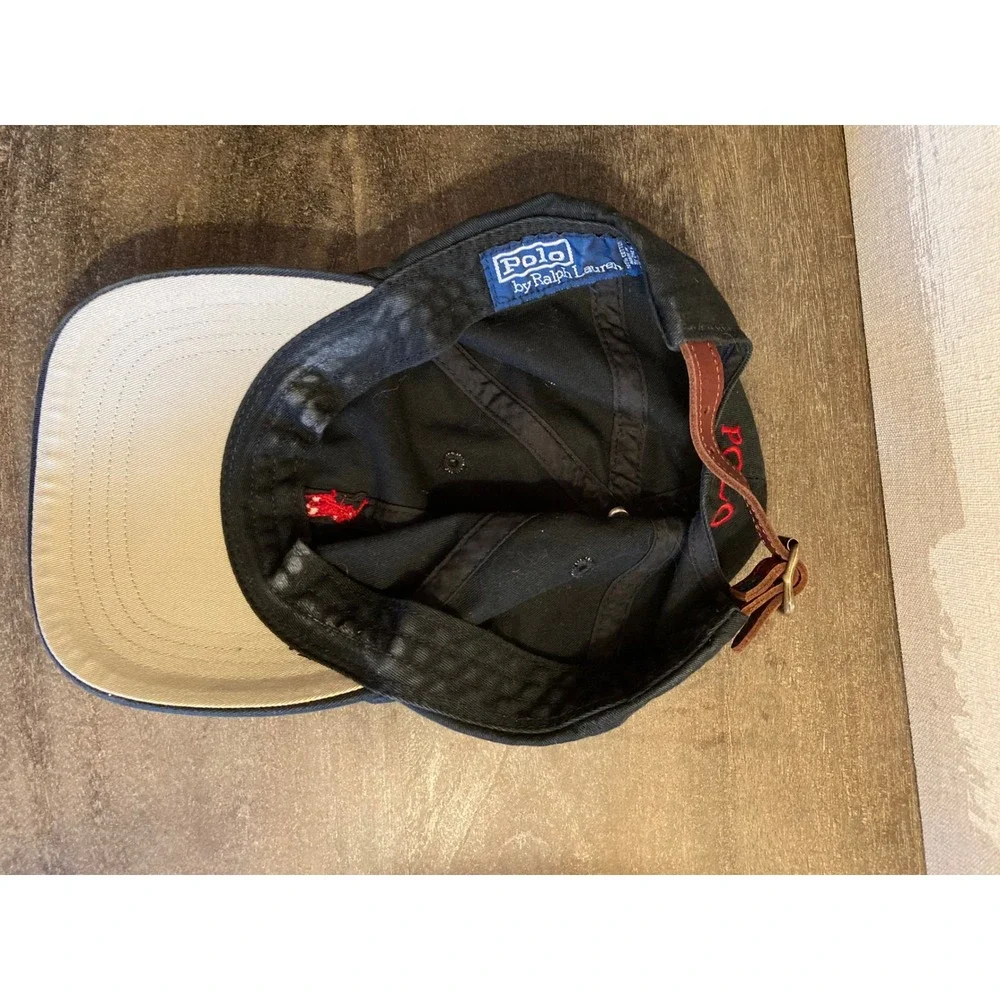 Polo Ralph Lauren Black Cotton Baseball Cap Red Pony Leather Strapback Hat